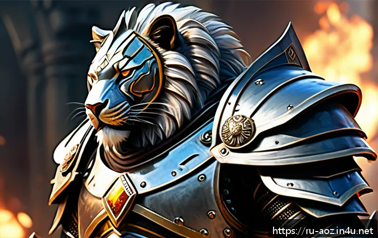 에이지오브제트 영웅별 추천 장비 - A heavily armored tank warrior in a fantasy battlefield, wearing a full suit of iron plate armor wit...