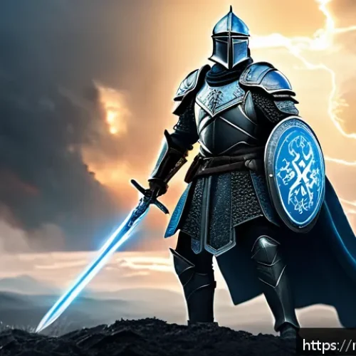 Home 17 에이지오브제트 전설 영웅 리뷰 - A heroic male warrior in detailed medieval armor standing confidently on a battlefield at dawn, hold...