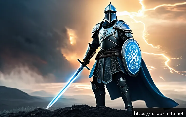 에이지오브제트 전설 영웅 리뷰 - A heroic male warrior in detailed medieval armor standing confidently on a battlefield at dawn, hold...