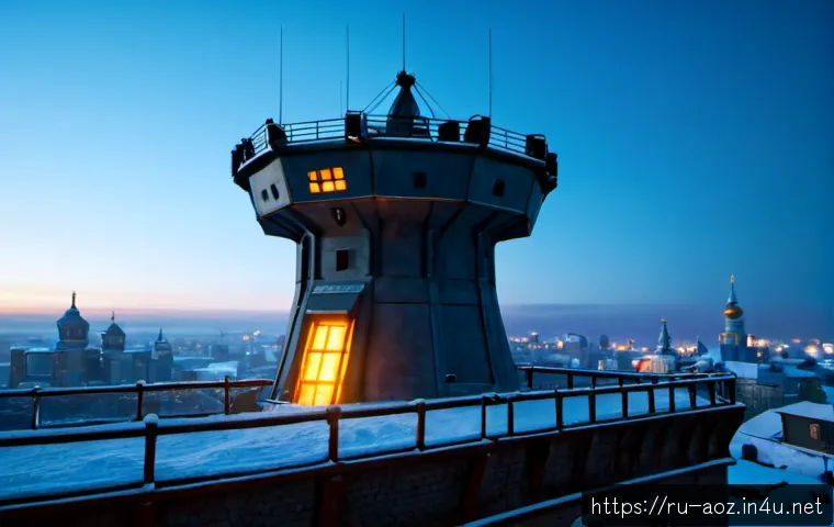 Home 17 에이지오브제트 타워 방어 성공률 증가 - Photorealistic cinematic scene of a fortified futuristic defense tower on a snowy Eastern European c...