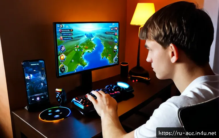 에이지오브제트 스킬 쿨타임 관리 - Photorealistic young Russian male gamer at a tidy Moscow apartment desk, focused on a smartphone sho...